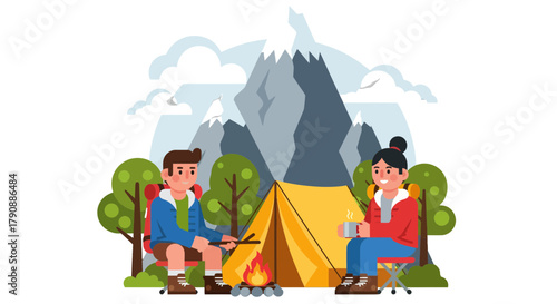 Camping Couple Enjoying Their Mountain Adventure Near Tent and Campfire at Night