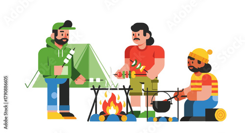 Camping Culinary Adventures: Friends Gather Around a Campfire Cooking Delicious Food Together
