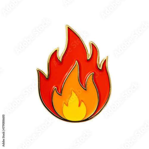 Golden Enamel Pin Shaped Like Orange Flame on a transparent background, cut out