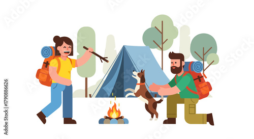 Camping Adventure: Couple Bonfire Party Beside Their Tent With Dog and Joy