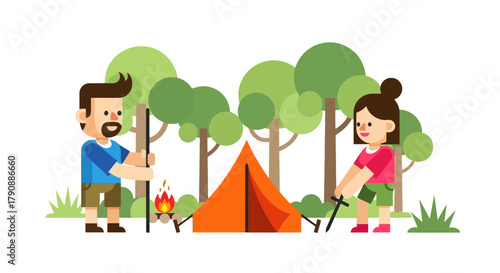 Camping Adventure: Couple Preparing The Tent And Fire In The Forest
