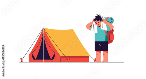 Camping Adventure: Enthusiastic Camper Preparing Near A Durable Tent in Nature