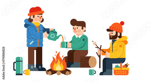 Camping Friends Enjoying Warm Beverages Around Campfire Under the Moonlight