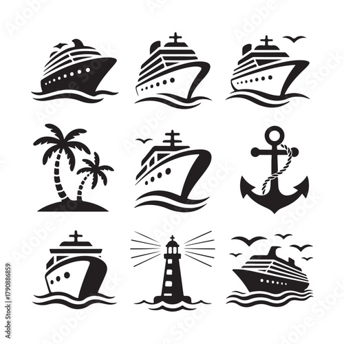 Set of nautical icons featuring cruise ships, palm trees, and a lighthouse vector graphics design