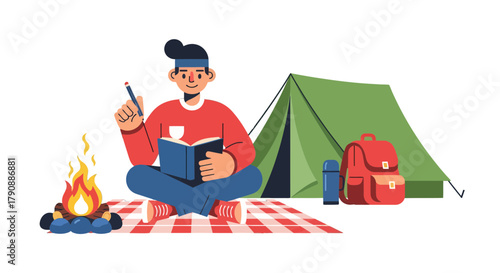 Camping Lifestyle: A Man Reading And Relaxing Near A Campfire With A Tent