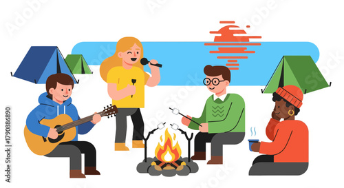 Camping Adventure: Friends Enjoying Music, Campfire, Marshmallows, And Nature Together