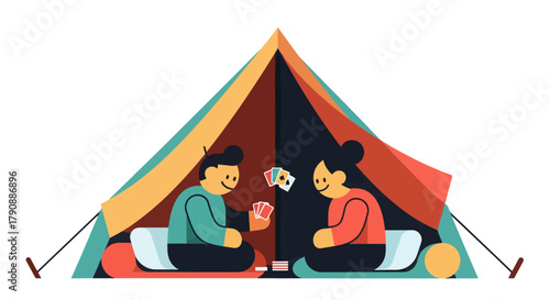 Camping Adventure: Friends Enjoying a Card Game Inside a Brightly Colored Tent