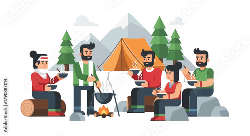 Camping Adventure: Friends Gathering Around Mountains For A Winter Dinner Enjoyment