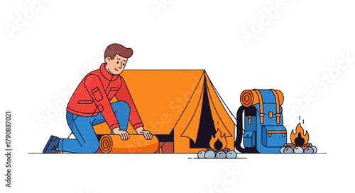Camping Preparation: A Man Erecting The Awning Tent for a Fireside Outdoor Adventure
