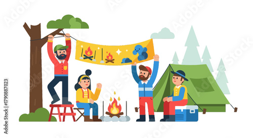 Camping Adventure: Friends Gathering, Bonfire, And Outdoor Exploration Cartoon