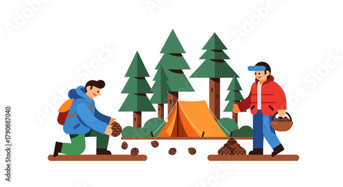 Camping Adventure: Friends Gathering Fir Cones for a Cozy Campfire on Their Getaway
