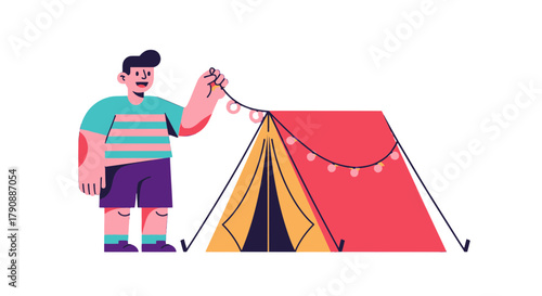 Camping Preparation: A Person Arranging Lights on A Tent for An Outdoors Experience
