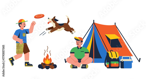 Camping Adventure: Friends Playing With A Dog Near A Campfire And Tent