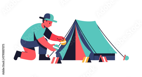 Camping Preparation: A Person Setting Up A Tent, Conceptual Outdoor Adventure