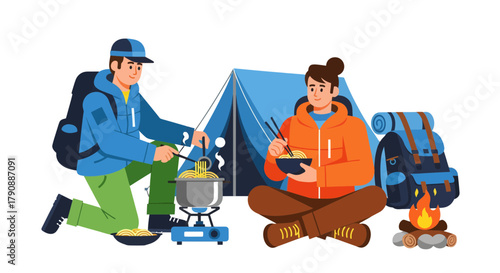Camping Adventure: Friends Prepare And Enjoy Delicious Noodles In The Wilderness