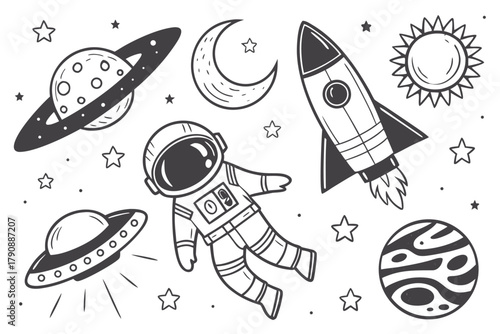 Doodle Style Space Scene with Astronaut, Rocket, and Planets spaceship