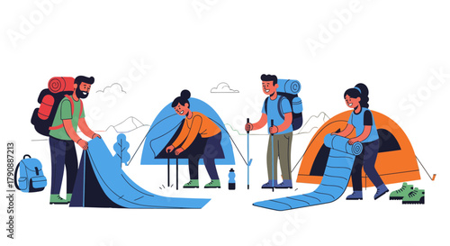 Camping Preparation: Friends Working Together To Assemble Tents For Outdoor Adventure