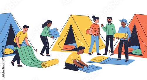 Camping Preparation: Friends Working Together To Setup Tents Under The Night Sky