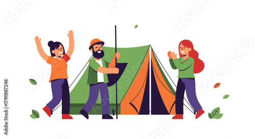 Camping Adventure: Friends Setting Up Tent for Outdoor Fun and Recreation