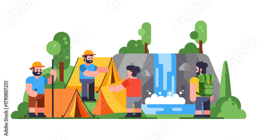 Camping Adventure: Group Of Friends Creating Campsite Near Waterfall With Tents