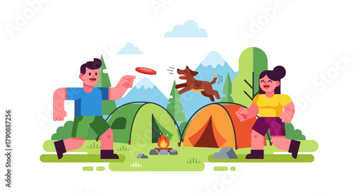 Camping Adventure: Friends, Dog, and Frisbee Fun Under The Wonderful Summer Sky