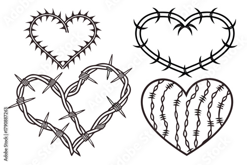 Four Black Outline Heart Shapes With Barbed Wire Designs symbol love