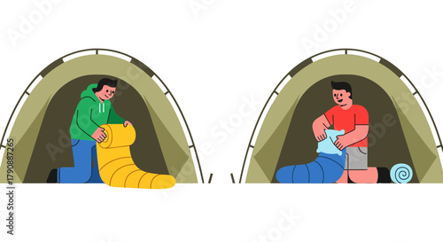 Camping Preparation: Tent Setup and Sleeping Bag Arrangement Illustration for Adventure