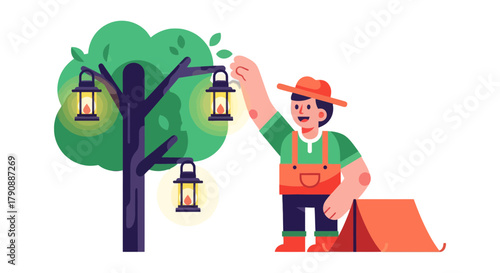 Camping Adventure: Illuminated Lanterns Enhance The Campfire Atmosphere In The Forest