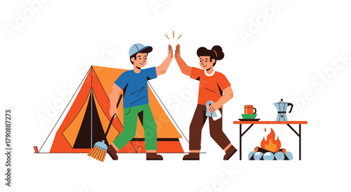 Camping Adventure High Five Celebration Near Tent and Fire for Two Friends