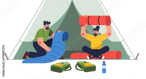 Camping Preparation: Two Friends Setting Up Tent and Preparing For The Adventure