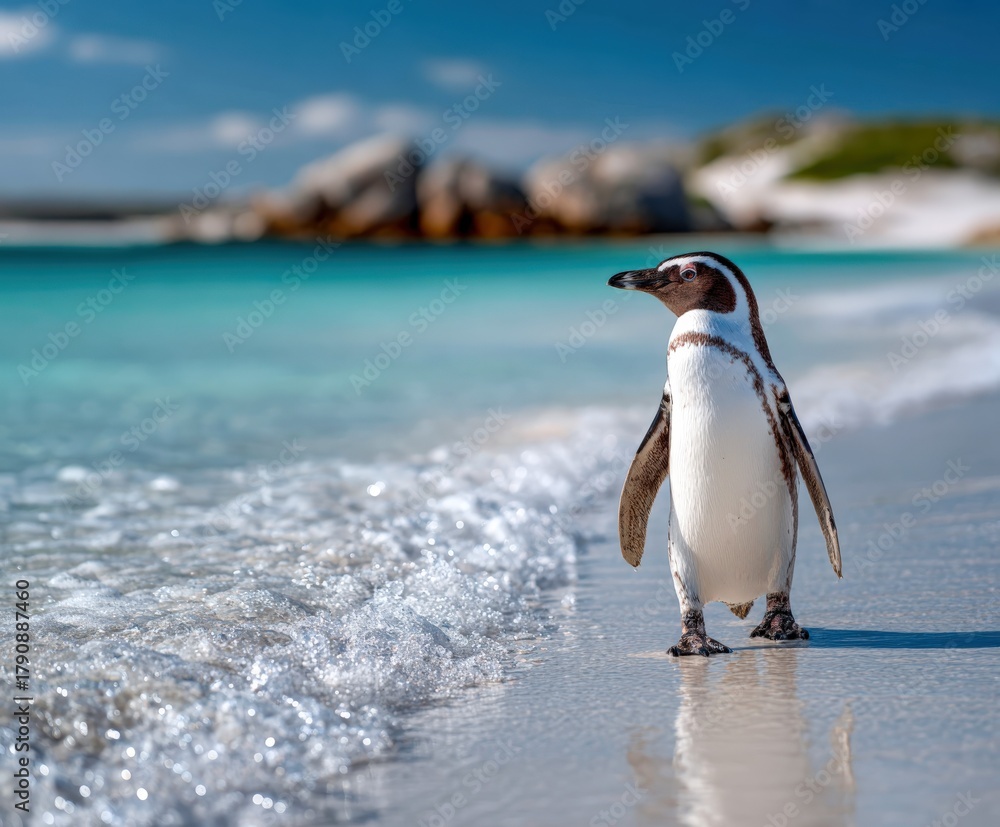 Obraz premium Lone penguin strolls along smooth shoreline of turquoise sea