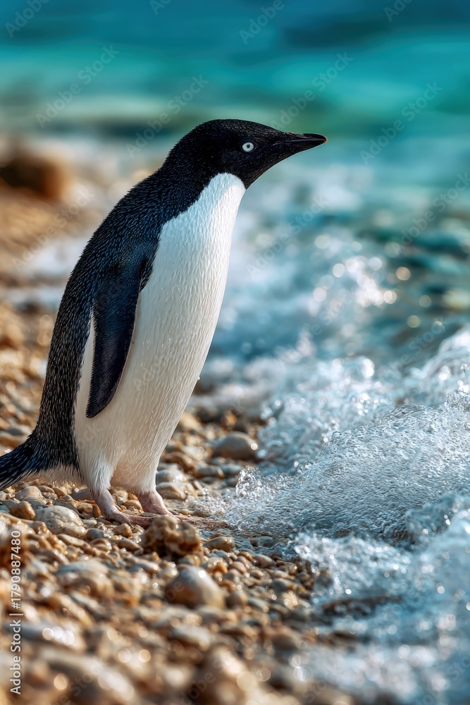 Fototapeta premium Lone penguin walks along smooth shore of turquoise sea at sunset