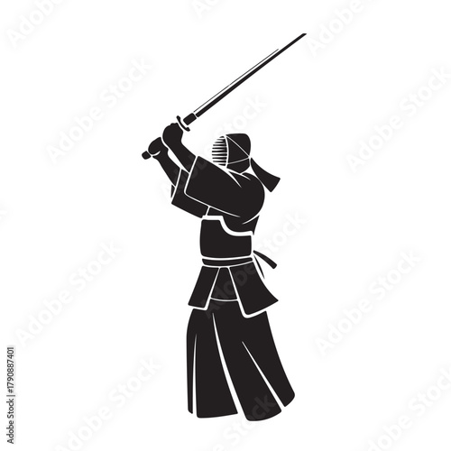 Silhouette of a kendo fighter in action, , demonstrating a powerful strike with a shinai