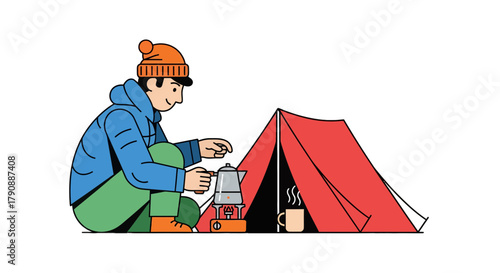 Camping Adventure Illustration Depicting An Individual Brewing Coffee Beside An Outdoor Tent