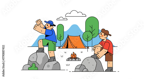 Camping Adventure Illustration Depicting Friends Hiking And Enjoying Nature Outdoors