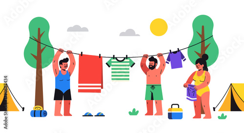 Camping Trio Hanging Clothes Against a Black Backdrop Under a Sunny Sky