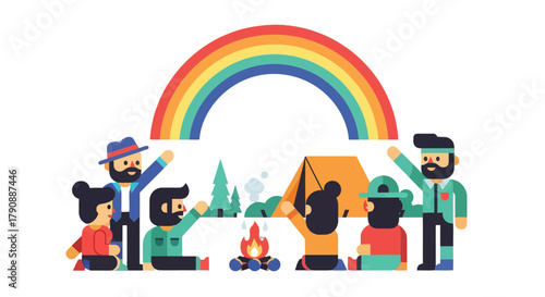 Camping Under a Vibrant Rainbow: Friendship and Adventure in Nature's Embrace