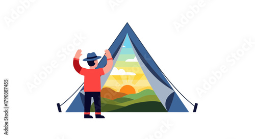Camping Adventure Illustration Depicting Explorer Inside Tent With Scenic Mountain View