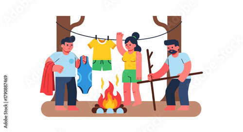 Camping Under Stars: A Group Enjoying a Bonfire and Drying Clothes, Minimalist Style