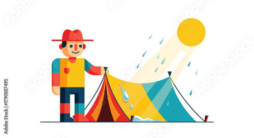 Camping Under Sun, Tent Shelter, Illustration of a Smiling Outdoorsman, Camping Adventure