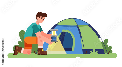 Camping Adventure Illustration Featuring A Man Preparing For The Night With A Lantern