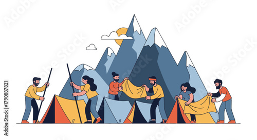 Camping Venture: A Group Assembles Tents Under a Mountainous Landscape Adventure