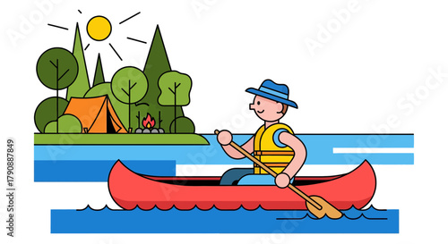 Canoeing Adventurer In A Lake Near Campsite Under a Bright Sun During The Dusk
