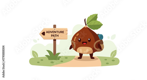 Cartoon Acorn Character Ready For Adventure On The Path To Discovering New Worlds