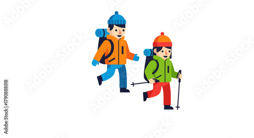 Cartoon Adventure: Hiking Friends Enjoying Outdoors With Backpacks And Cold Weather Gear