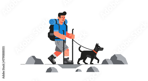 Cartoon Adventure: Hiker Embarks on a Journey with Faithful Canine Companion Along Rocky Trail