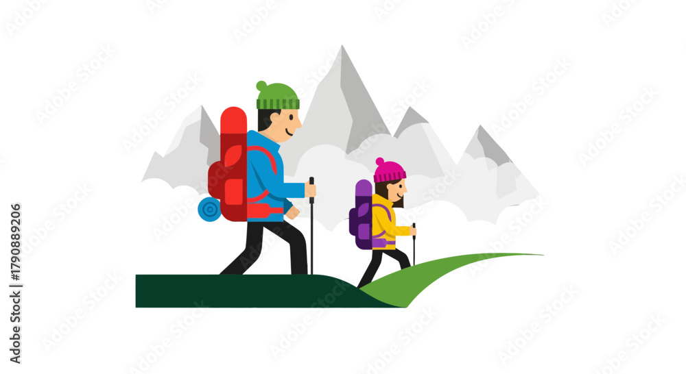 Fototapeta premium Cartoon Illustration Depicting Hiking Adventures Amidst Majestic Mountain Ranges