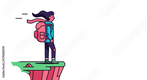 Cartoon Adventurer Stands Atop Cliff, Enjoying The Vast Black Space, Ready To Face Challenges