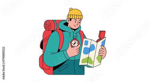 Cartoon Adventurer Studying Map and Compass Preparing For Outdoor Hiking Adventure