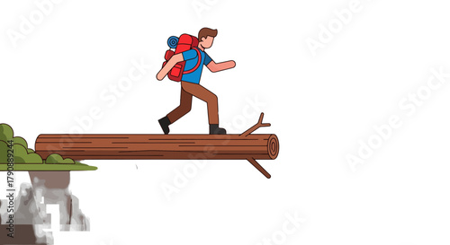 Cartoon Adventurer Trekking Across A Log Bridge With Backpack and Mountain Landscape